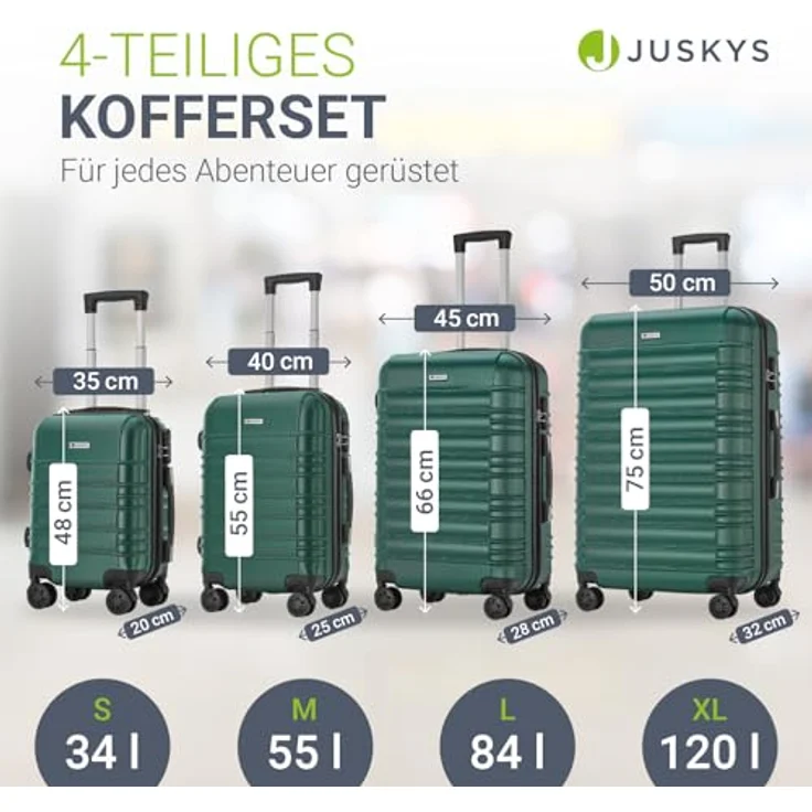 Juskys Hartschale Kofferset 4-teilig, großer Reisekoffer mit Zahlenschloss, geräuscharmen 360° Rollen, Teleskopgriff, leicht, dunkelgrün – Bild 4