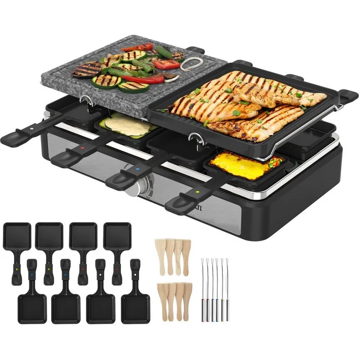 Zilan Raclette ZLN-8863, Raclette Party Grill für 8 Personen, 1400 W, Naturgrillstein & Grillplatte, antihaftbeschichtet, mit 8 farbigen Pfännchen