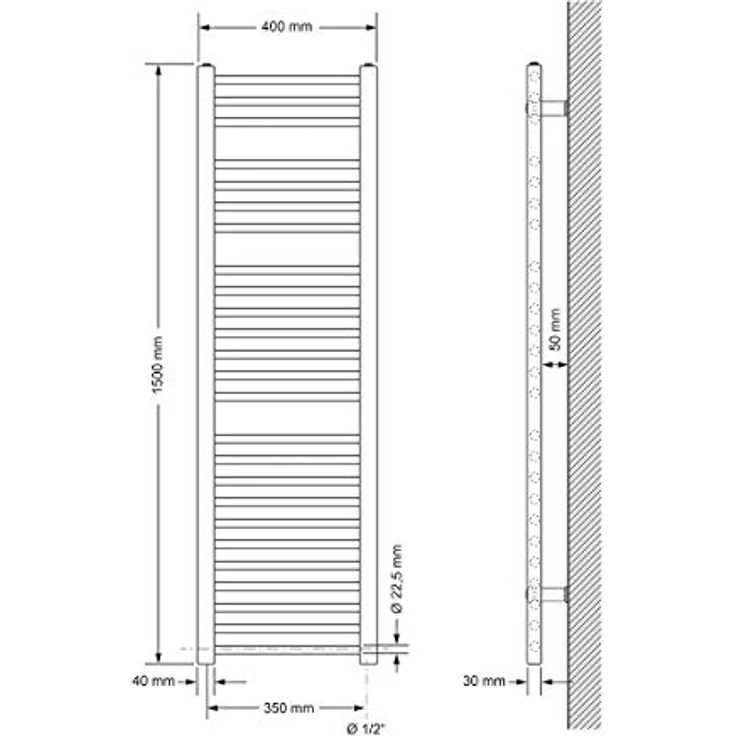 LuxeBath Badheizkörper 400x1500 mm Weiß, Gerade mit Seitenanschluss und hoher Wärmeleitfähigkeit – Bild 2