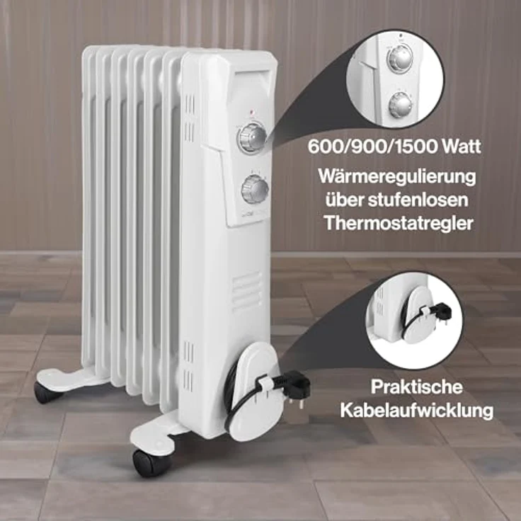 Clatronic RA 3735 7 Rippen-Ölradiator, mobiler Heizkörper bis 1500 Watt, Wärmeregulierung über stufenlosen Thermostatregler, Flexibler Einsatz durch 4 Leichtlaufrollen, Slimline-Bauweise, weiß, Radiator – Bild 2