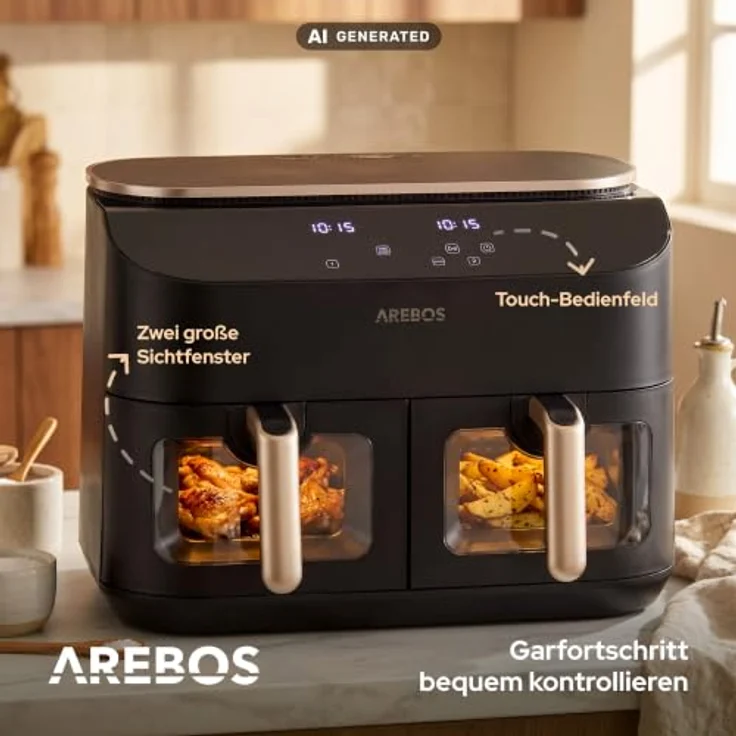 Arebos Heißluftfritteuse AR-HE-DPH10, 2450 W, 10 L, 2 Garzonen mit SYNC- & MATCH-Funktion, 2 Sichtfenster, Schwarz/Roségold – Bild 7