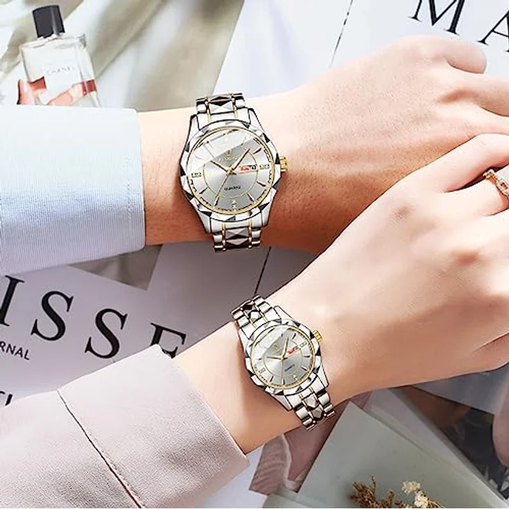 JewelryWe Paar Uhren Edelstahl, 2er Set Silber Analog Quarz Armbanduhr mit Leuchtzeigern, Datum und Kalender, 30m wasserdicht für Männer und Frauen – Bild 2