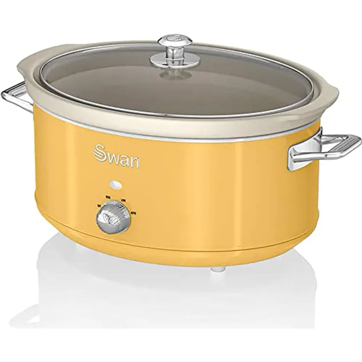 Swan Retro SF17031YELNEU Slow Cooker 6,5L Abnehmbarer Kochbehälter, PFOA- und PTFE-freier Keramischer Antihaft-Behälter, 3 Temperaturstufen, Glasdeckel, Vintage-Design, Gelb, 320W