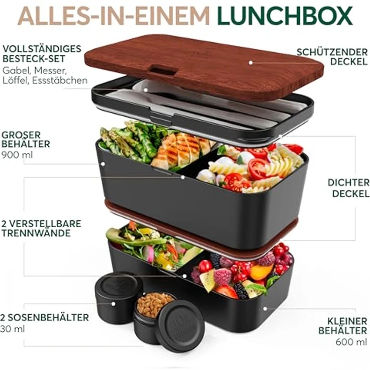 UMAMI Bento-Lunchbox für Erwachsene, auslaufsichere Brotdose mit Fächern für Meal Prep, inkl. Besteck und 2 Saucenbehältern, ideal für Salat und Snacks – Bild 2