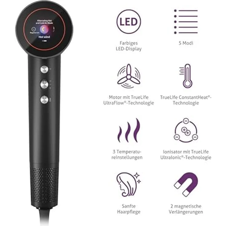 TrueLife HairDryer D9 Haartrockner 1 St. mit Geschwindigkeits- und Temperaturregulierung, Ionen-Funktion und Kaltluft-Funktion, leiser Betrieb – Bild 6