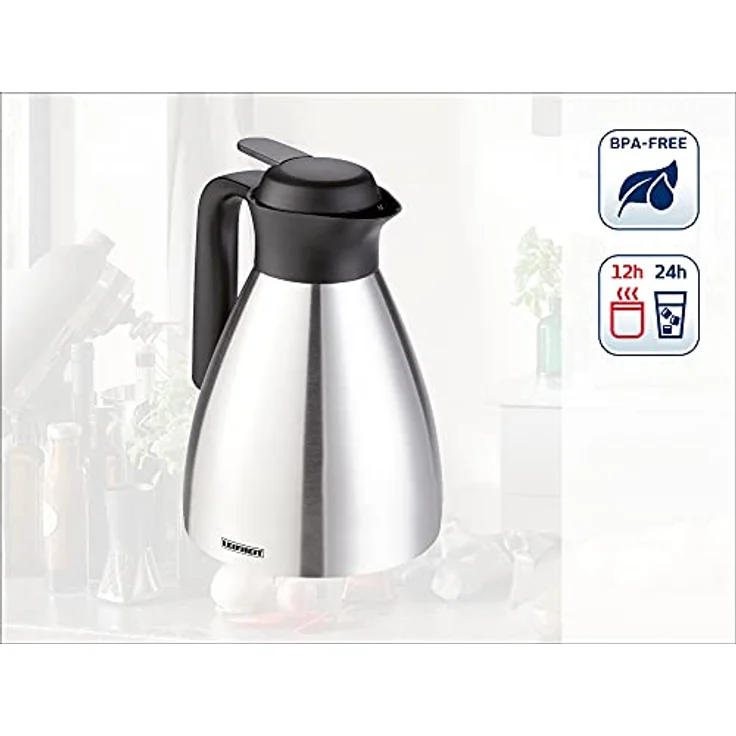 Leifheit Shine 1, 0 L Isolierkanne, 100% dicht, Thermoskanne mit doppelwandigem Edelstahl-Isolierkörper, praktisches Öffnen und Schließen mit einer Hand, Kaffekanne, Teekanne, silber schwarz – Bild 3