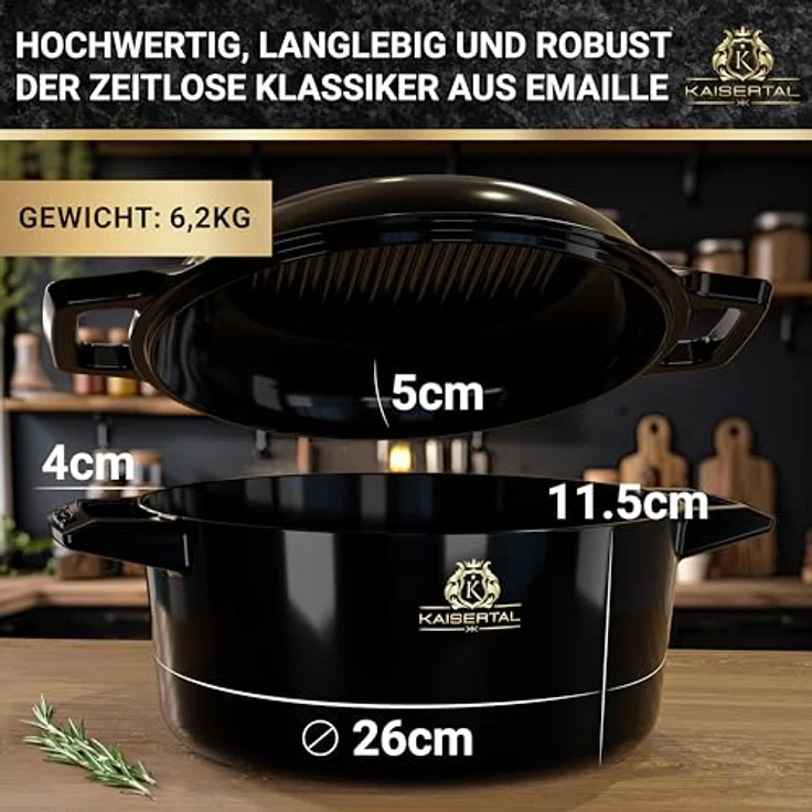 KAISERTAL Gusseisen Topf - 26cm Emaillierter Schmortopf mit Deckel 4,8L & Gusspfanne 1,8L – Gusseisen Bräter mit Deckel induktion - Cast Iron Pot Backofengeeignet - Braten & Schmoren, schwarz – Bild 3