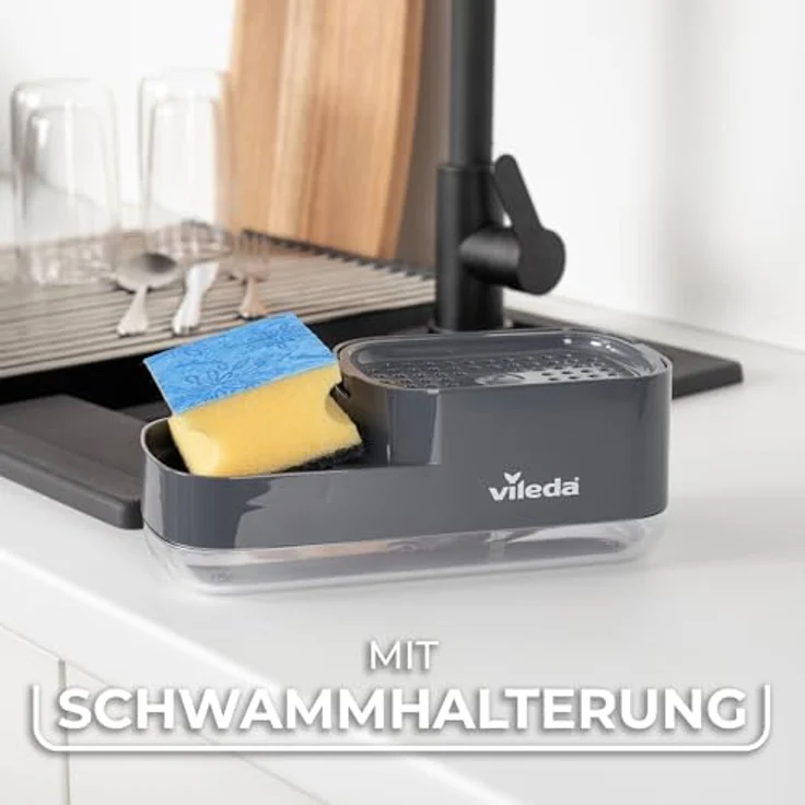 Vileda Pump Spülmittelspender mit Schwammhalter, 2-in-1-Lösung für die Küche, einfacher Einhand-Dosierer aus robustem Kunststoff – Bild 4