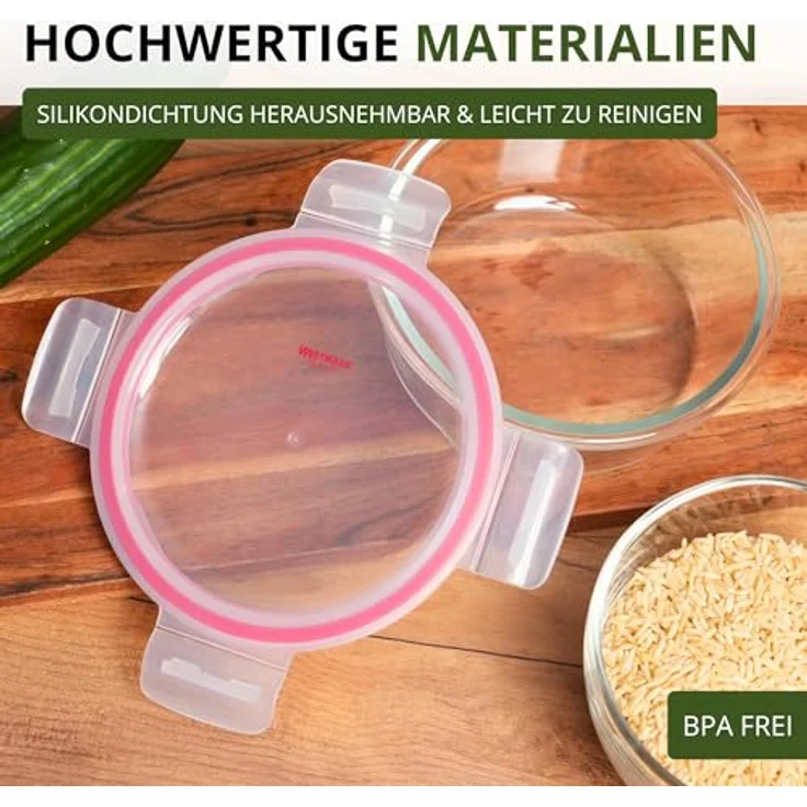 Westmark Glas-Frischhaltedose 650 ml, rund, luftdicht, BPA-frei, mit rotem Dichtungsring, spülmaschinenfest – Bild 5