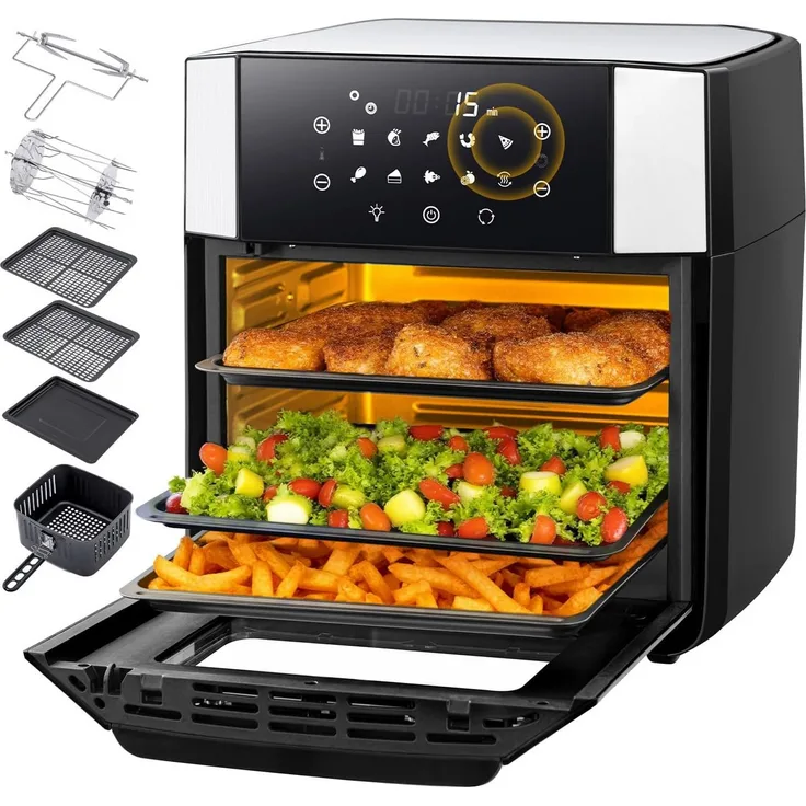 LLIVEKIT Heißluftfritteuse 1800 W, 10 in 1 Mini Ofen mit Umluft Drehfunktion, schwarz-silber, 15 L Kapazität
