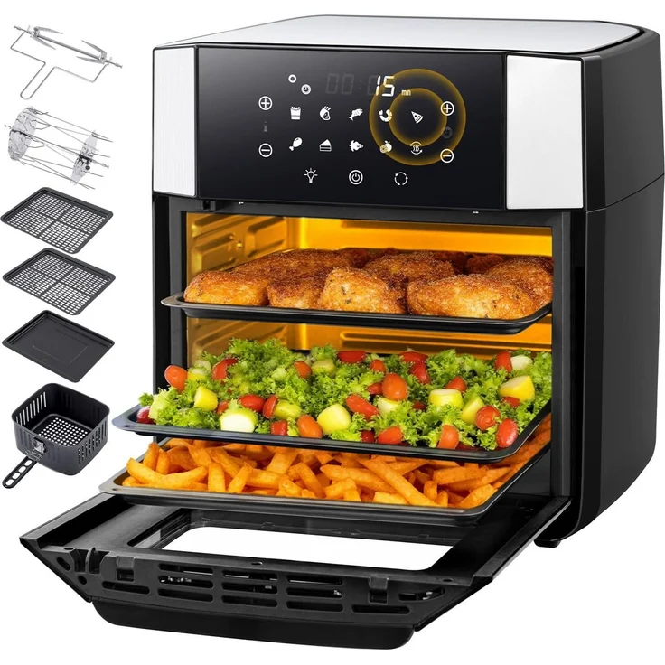 LLIVEKIT Heißluftfritteuse 1800 W, 10 in 1 Mini Ofen mit Umluft Drehfunktion, schwarz-silber, 15 L Kapazität