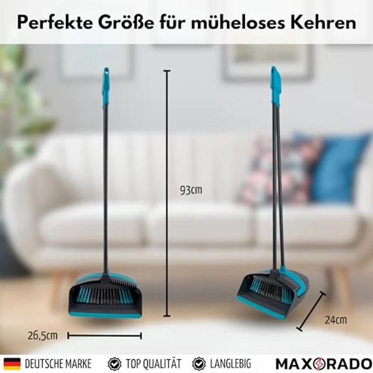 Maxorado Kehrgarnitur Handfeger und Kehrblech Set, 93 cm langer Stiel mit Gummilippe und drehbarem Kehrblech – Bild 3