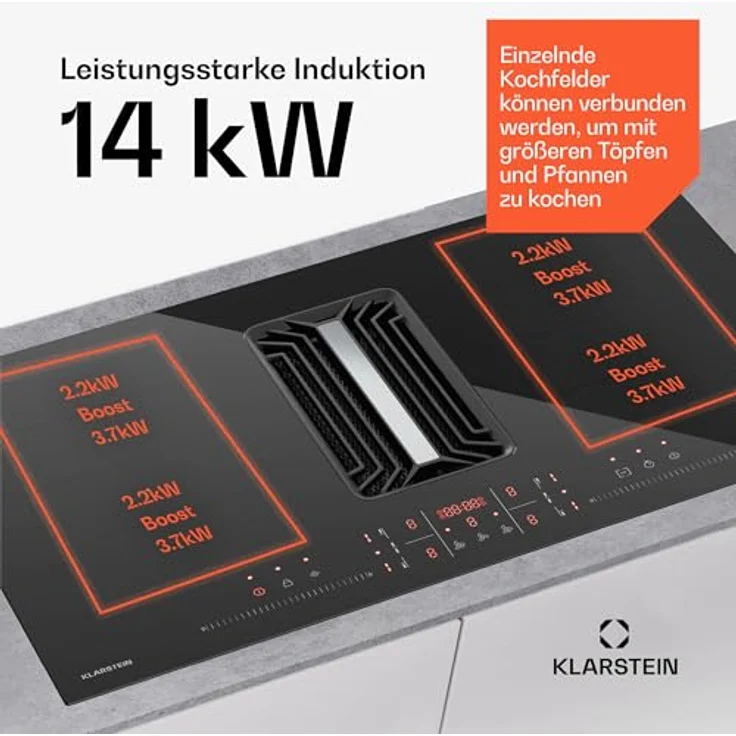 Klarstein AirJet FlexPro Induktionskochfeld mit Dunstabzug, A++ Energieeffizienz, 750 m³/h Abluft, 14 kW Leistung, 4 Flexzonen, leise 58 dB, Touch-Steuerung, Schwarz – Bild 4