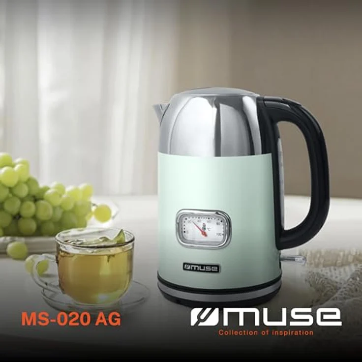 Muse Edelstahl Retro Wasserkocher MS-020, 1,7L mit analoger Temperaturanzeige, waschbarem Filter, automatischer Abschaltung, pastell-grün – Bild 2