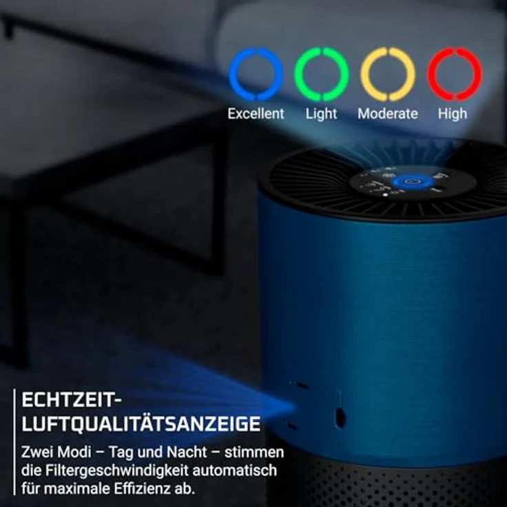 Rowenta Pure Air Compact, Luftreiniger mit 3-in-1 HEPA Allergy+ Filterung, Echtzeit-Luftqualitätsanzeige, für Räume bis 52 m², Schwarz/Blau, PU2221F0 – Bild 3