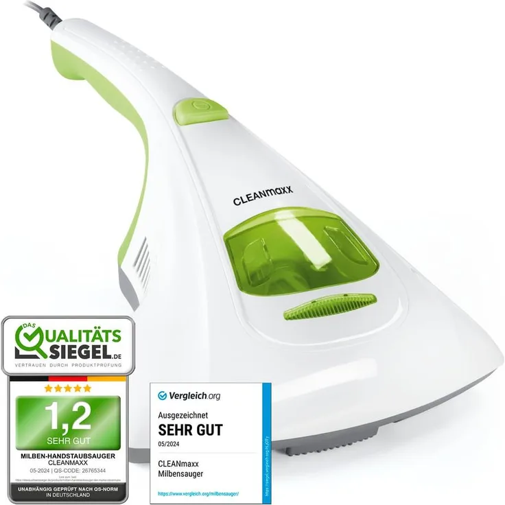 MAXXMEE Milben-Handstaubsauger CLEANmaxx Vibration, Antimilben-Sauger mit UV-C-Licht und HEPA Filter, 300 W Leistung, ideal für Matratzen und Polstermöbel