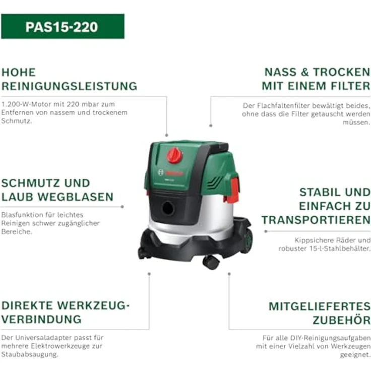 Bosch PAS15-220, kabelgebundener Nass- und Trockensauger mit 1.200 W, 220 mbar Saugleistung, 15 l Behälter, Blasfunktion und Flachfaltenfilter – Bild 2