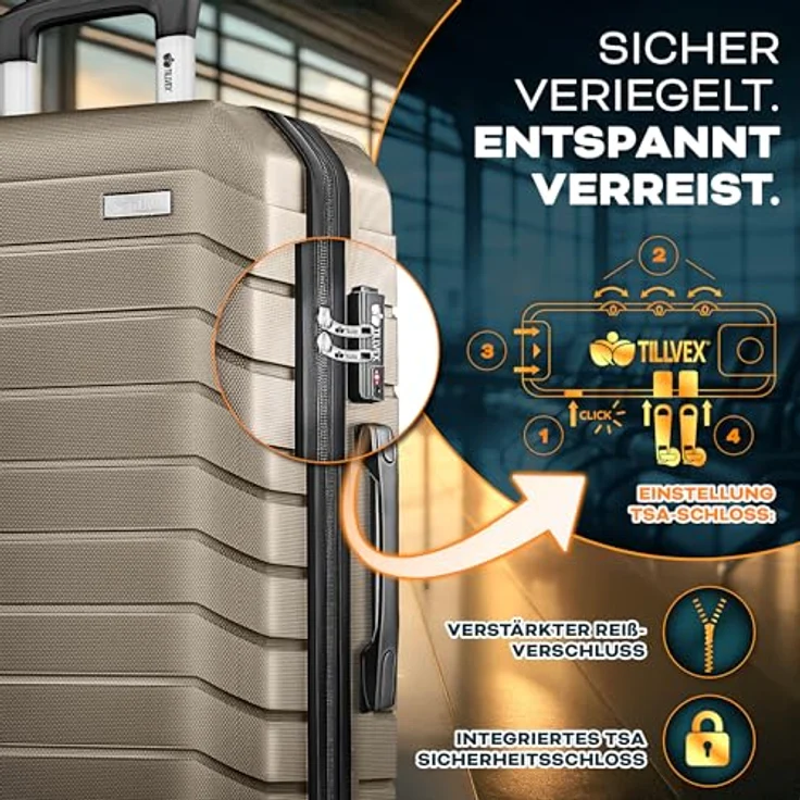 tillvex® Reisekoffer Set 3-TLG. Hartschalenkoffer Set (S-M-L-XL) mit 4 Rollen, TSA Schloss, inklusive Gepäckwaage, 6 Koffergurte & 3 Kofferanhänger - Roségold – Bild 4