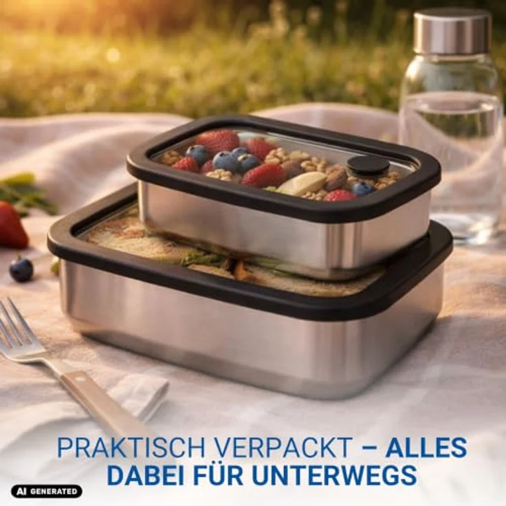 elasto Lunchbox Edelstahl mit Glasdeckel, 1100 ml, auslaufsichere Brotdose für Kinder & Erwachsene, silber/blau – Bild 6