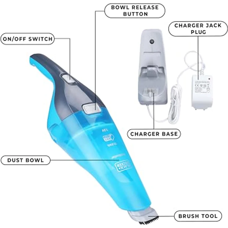 Black + Decker 2-in-1 Nass-Trocken-Handsauger (7.2V, Gummilippe für Nassreinigung aufsteckbar, transparenter Schmutzfangbehälter, inkl. Ladestation mit Wandhalterung, Bürste & Gummilippe) WDC215WA – Bild 3