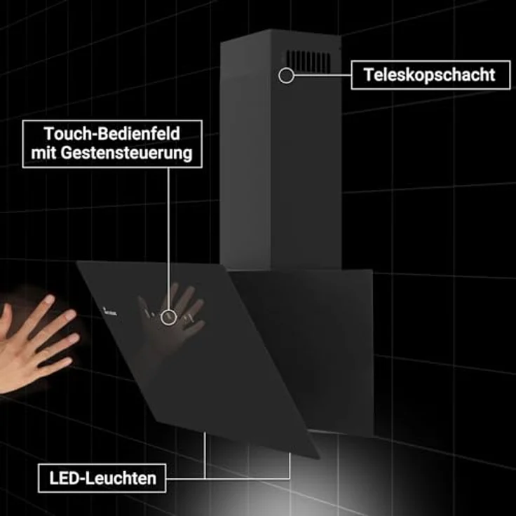 KKT KOLBE BASE6004S Dunstabzugshaube 60 cm, kopffrei, Umluft/Abluft, Schwarz, Glas, Edelstahl, LED-Beleuchtung, Gestensteuerung, SensorTouch, A+++ Energieeffizienz – Bild 2