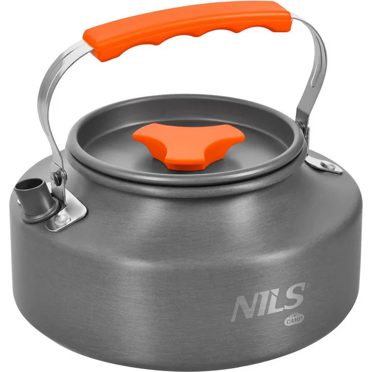 NILS CAMP NC17118 Reise-Wasserkocher, Campingkessel mit 1,1 l Fassungsvermögen, eloxiertes Aluminium, klappbarer Tragebügel mit Silikonummantelung