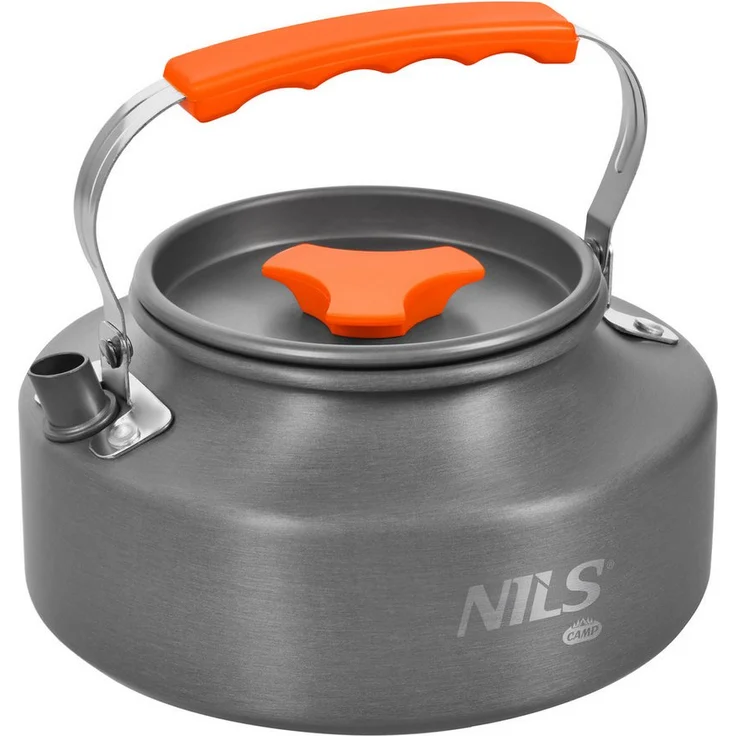 NILS CAMP NC17118 Reise-Wasserkocher, Campingkessel mit 1,1 l Fassungsvermögen, eloxiertes Aluminium, klappbarer Tragebügel mit Silikonummantelung