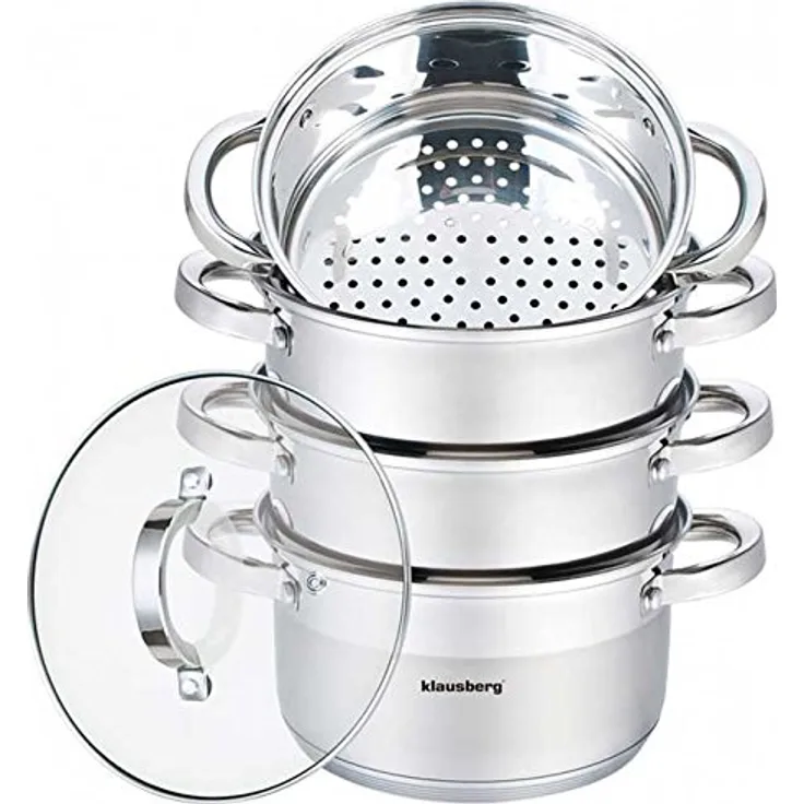 Klausberg Mantowarka Dampfkocher 22cm Set Induktion Kochtopf Dampfgarer Glasdeck 5 Elemente KB-7143, Edelstahl