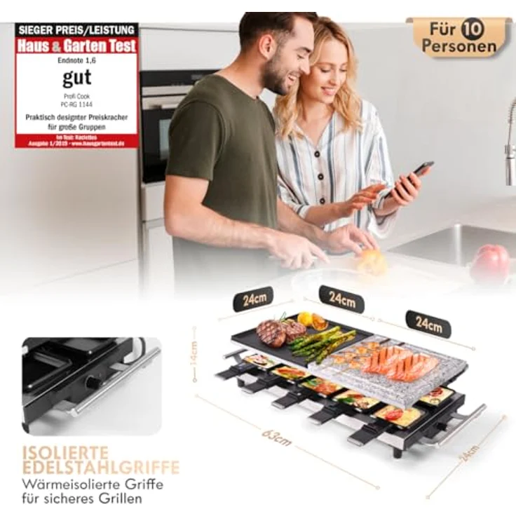 ProfiCook PC-RG 1144 Raclette-Tischgrill mit Naturgrillstein und Wendegussplatte, 10 Pfännchen, 10 Holzspatel, 1700 W – Bild 3