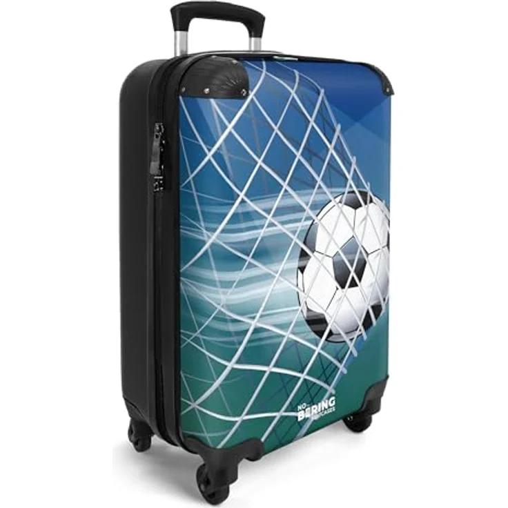 NoBoringSuitcases.com© Kinderkoffer Fußball - Tor - Netz - Schießen - Jungen 55x35x20cm, 4 Rollen, Handgepäck Koffer, Hartschalenkoffer Kinder, Reisekoffer Jungen - Fröhlich buntes Design - Leichtgewicht 2,6kg – Bild 3