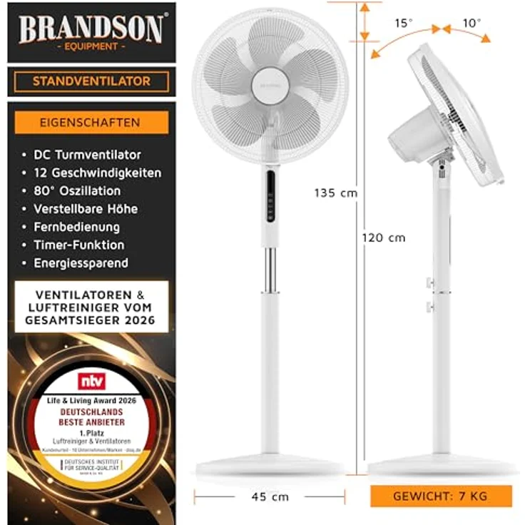 Brandson DC Standventilator ECO, energiesparend mit leisen Brushless Motor, 12 Geschwindigkeitsstufen, Fernbedienung, 80° Oszillation, Timer-Funktion, Preisträger 2026 – Bild 2