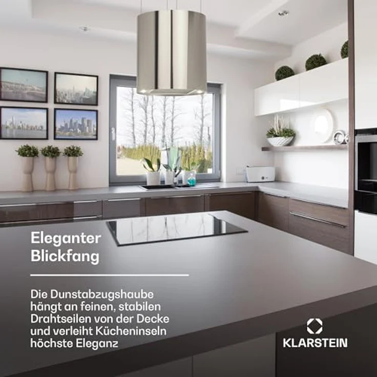 Klarstein Insel-Dunstabzugshaube, freihängend, 583m³/h Luftstrom, Abluft/Umluft, 3 Stufen, Aktivkohlefilter, Deckenmontage mit LED-Beleuchtung – Bild 3