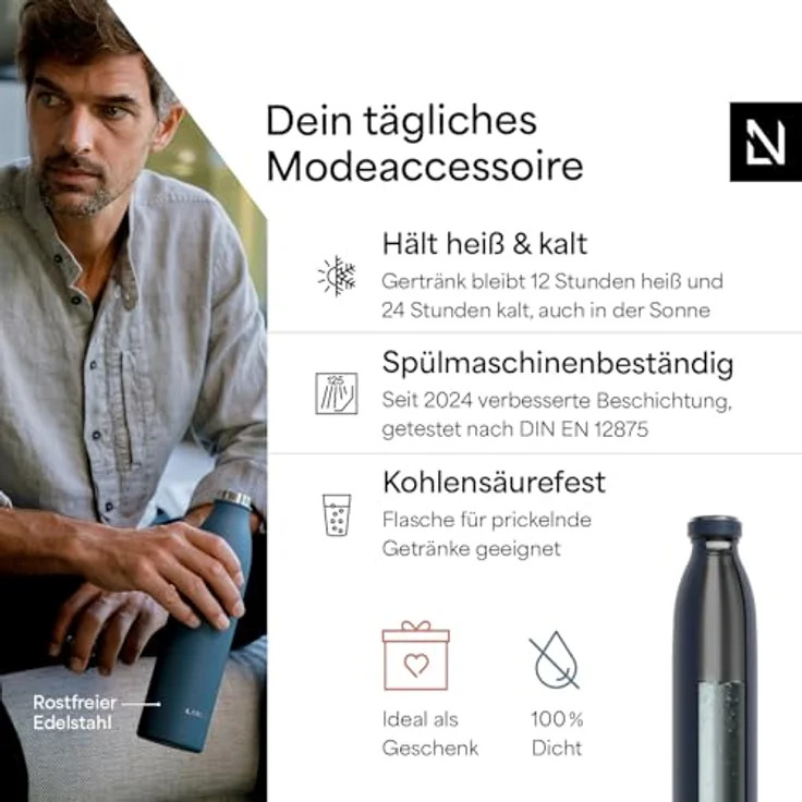 LARS NYSØM Edelstahl Trinkflasche „Ren“, 1000ml, auslaufsicher, kohlensäuregeeignet, doppelwandige Vakuumisolierung, Midnight Blue – Bild 2