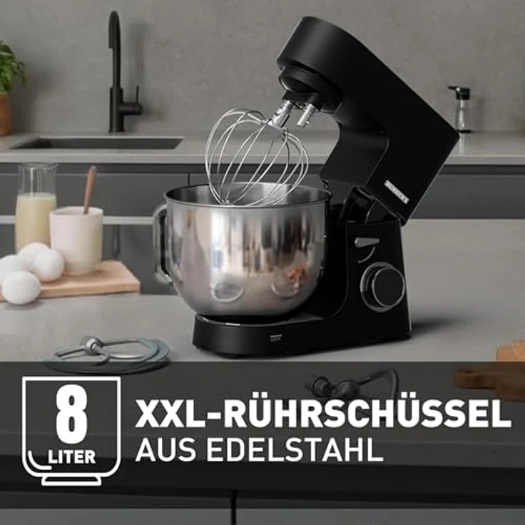 Heinrich's HKM 8080, Küchenmaschine 2500 W mit 8 L Edelstahl-Schüssel und 8 Geschwindigkeiten, Schwarz – Bild 3