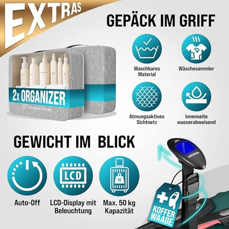 Monzana Kofferset, Hartschalenkoffer Zwillingsrollen Zahlenschloss Waage Gurt Reisekoffer Grün – Bild 2