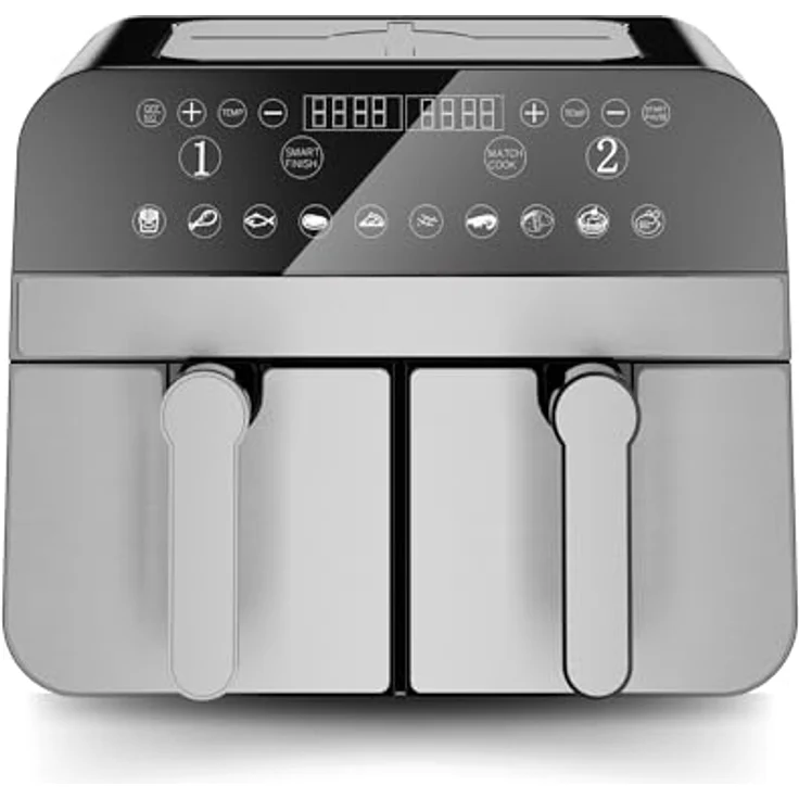 Comfy Nest CNAFD45NS digitale Doppelkorb-Luftfritteuse, 2400 W, 9 l, Edelstahl, 10 Kochfunktionen, Touch-Sensor-Steuerung, gesundes Kochen, silberfarben – Bild 1