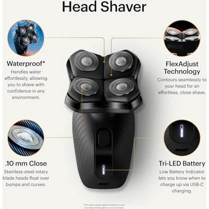 Manscaped Refining The Gentleman The Dome Shaver™ Plus Herren Kopfrasierer – Vier Doppelspur-Rotationsklingen mit SkinSafe® & FlexAdjust-Technologie, wasserdicht, USB-C-Ladung, magnetisches, abnehmbares Klingenpolster, – Bild 2