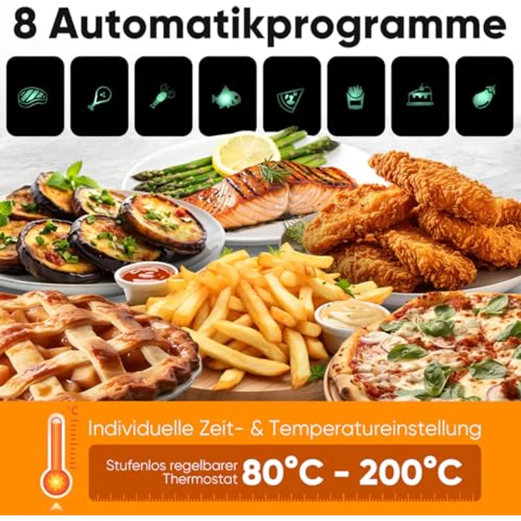 ProfiCook® Heißluftfritteuse PC FR 1294 H, 6,5L Airfryer, Edelstahl-Gehäuse, 8 Programme, fettfreie Zubereitung, 80°C - 200°C – Bild 3