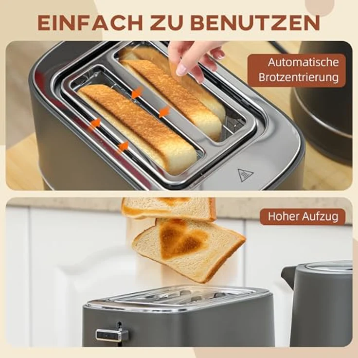 HOMCOM Toaster Set, 1,7 L Wasserkocher und Toaster mit 2 Schlitzen, 2200 W, 6 Bräunungsstufen, grau und chrom – Bild 8