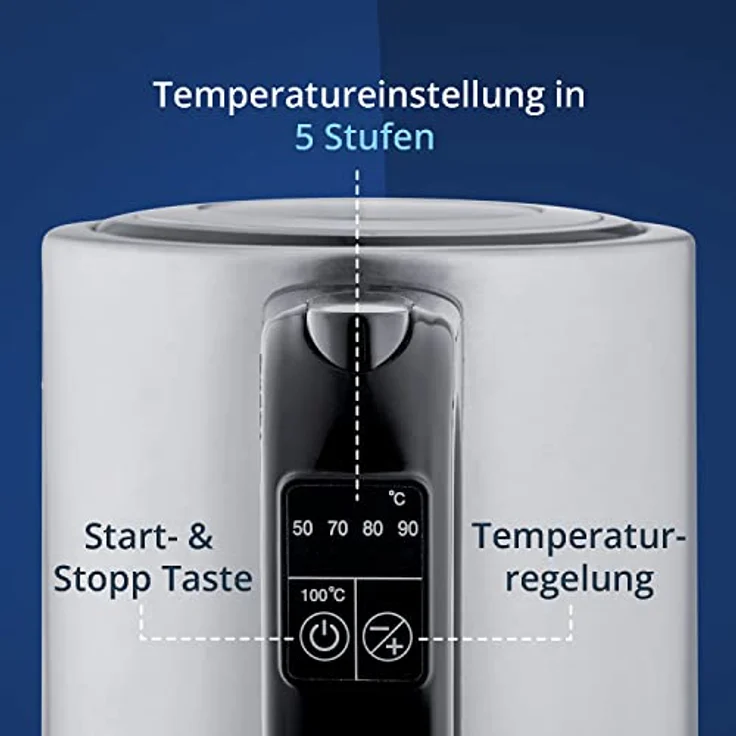 KHG Wasserkocher WK-1703 ES, Edelstahl, 1,7 Liter, 5 Temperaturstufen 50-100°C, Kalkfilter, Trockengehschutz, BPA-frei, 2200 Watt – Bild 5