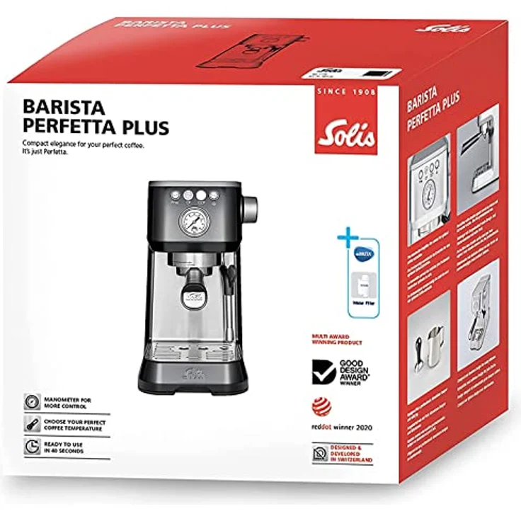 Solis Espressomaschine, Manometer, Dampf- und Heißwasserfunktion, PID-Temperaturregler, 54 mm Siebträger mit Doppelauslauf, 15 bar, 1,7 l Wassertank, Edelstahl, Barista Perfetta Plus Black (Typ 1170) – Bild 9