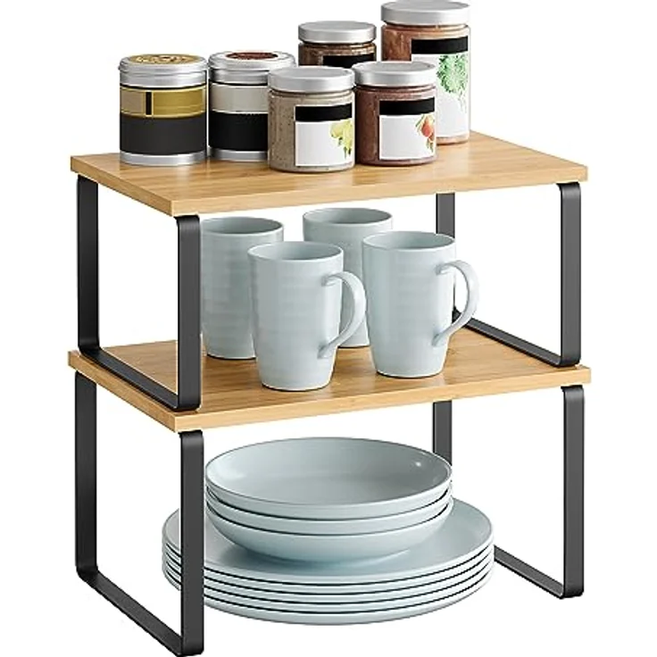 SONGMICS Gewürzregal, 2er Set Küchen-Organizer, Küchenregal, Schrank-Organizer Küche, erweiterbar, kleines Regal, stapelbar, Metall und Holzwerkstoff, tintenschwarz-naturbeige KCS02NB – Bild 3
