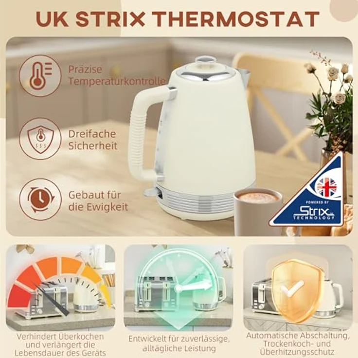 HOMCOM Kocher-Toaster-Set 1.7 L, 2200 W, 4-Scheiben-Toaster mit 7 Bräunungsstufen, Strix Thermostat, Cremeweiß – Bild 4