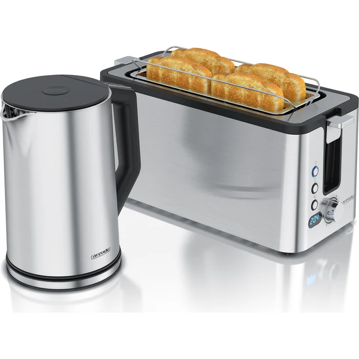 Arendo Frühstücks-Set Edelstahl, 1,5l Wasserkocher mit Temperatureinstellung und 4 Scheiben Langschlitztoaster, silber