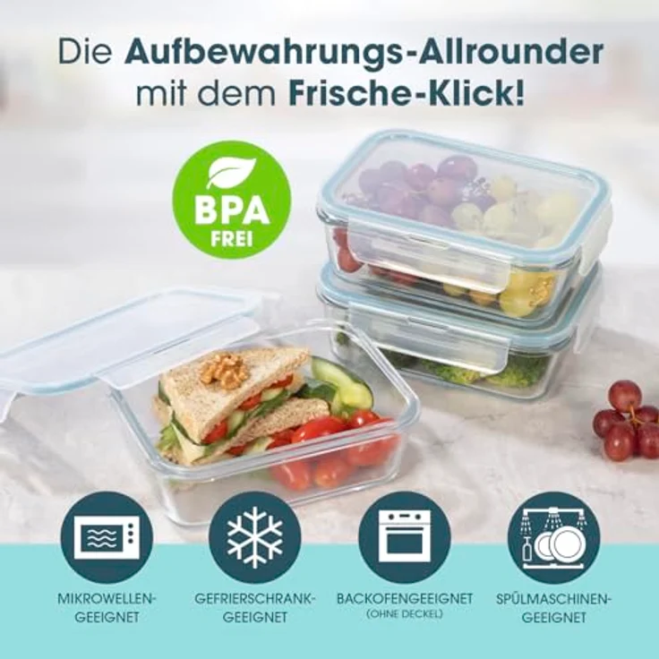 GOURMETmaxx Glas-Frischhaltedosen Klick-it, 900 ml, temperaturbeständig von -20 bis +330 °C, spülmaschinengeeignet, 3er Set – Bild 2