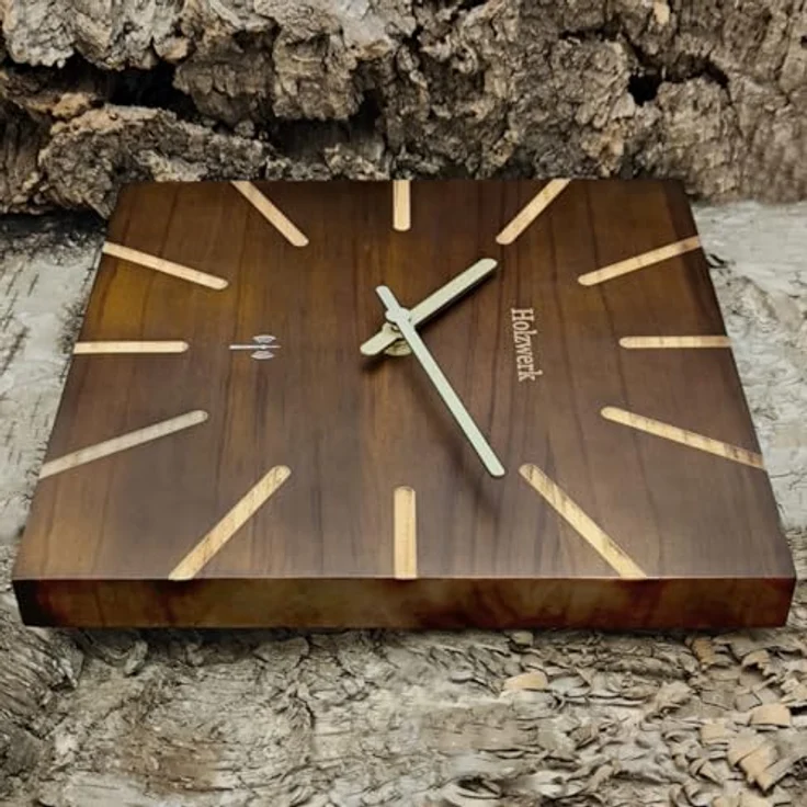 Holzwerk Wanduhr, Funkuhr aus massivem Holz, quadratisch, dunkelbraun, 25x25x2 cm, nahezu lautloses Uhrwerk – Bild 6