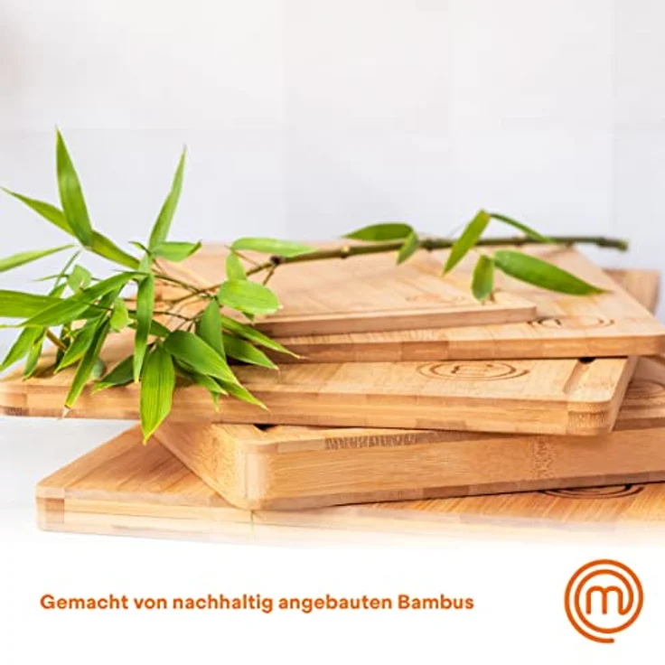 MasterChef Schneidebrett Holz, Holzbrett Küche aus Bambus, für Fleisch, Schinken, Brot, Käse, mit Saftrille und Anschlagkante, Natürlich, Nachhaltig,38.5L x 26.5W x 2H – Bild 4