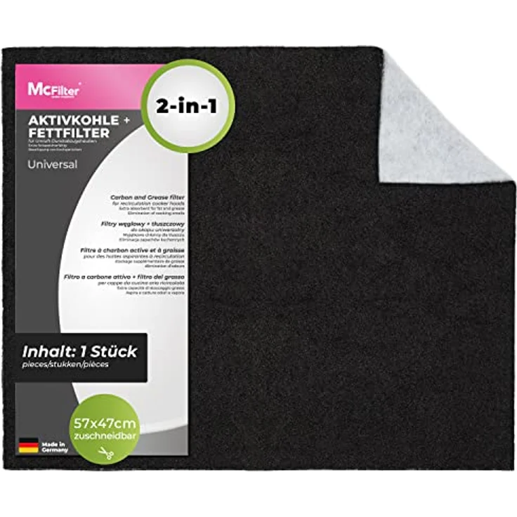McFilter | 1 Aktivkohle + Fettfilter für Dunstabzugshaube zuschneidbar universal 57 x 47cm, Aktivkohle Filter für Abzugshaube Dunstabzug, Dunstfilter – Bild 1