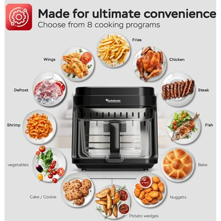TurboTronic Heißluftfritteuse 5,5 L Glas – Digitale Heißluftfritteuse mit 8 Programmen, Touch-Display, 40–200 °C, BPA-frei, fettarm dank 3D-Turbo-Heißluft-Technologie – Bild 3