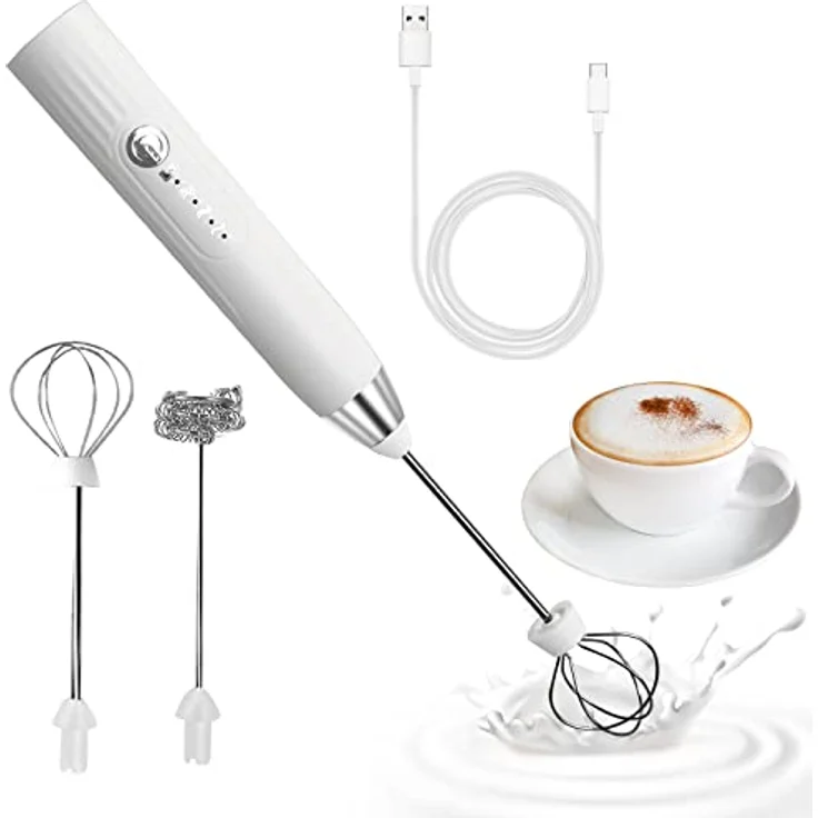 EBUYFIRE Elektrischer Milchaufschäumer mit USB-Wiederaufladung, 3 Geschwindigkeiten, Edelstahl, für Kaffee, Cappuccino, Latte (Silberweiß) – Bild 1